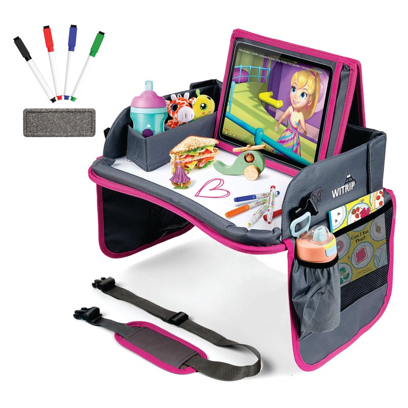 WITRIP Kids Travel Tray with Dry Erase Board - Car Seat Tray for Kids Travel, Carseat Table Top for Toddler, Lap Desk for Car Seat, Activity Organizer & Snack Holder, Road Trip Essentials for Kid (Pink) - Image 1